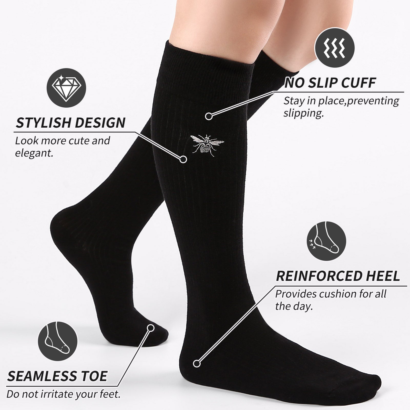 Knee High  3 Pairs  Bee Black