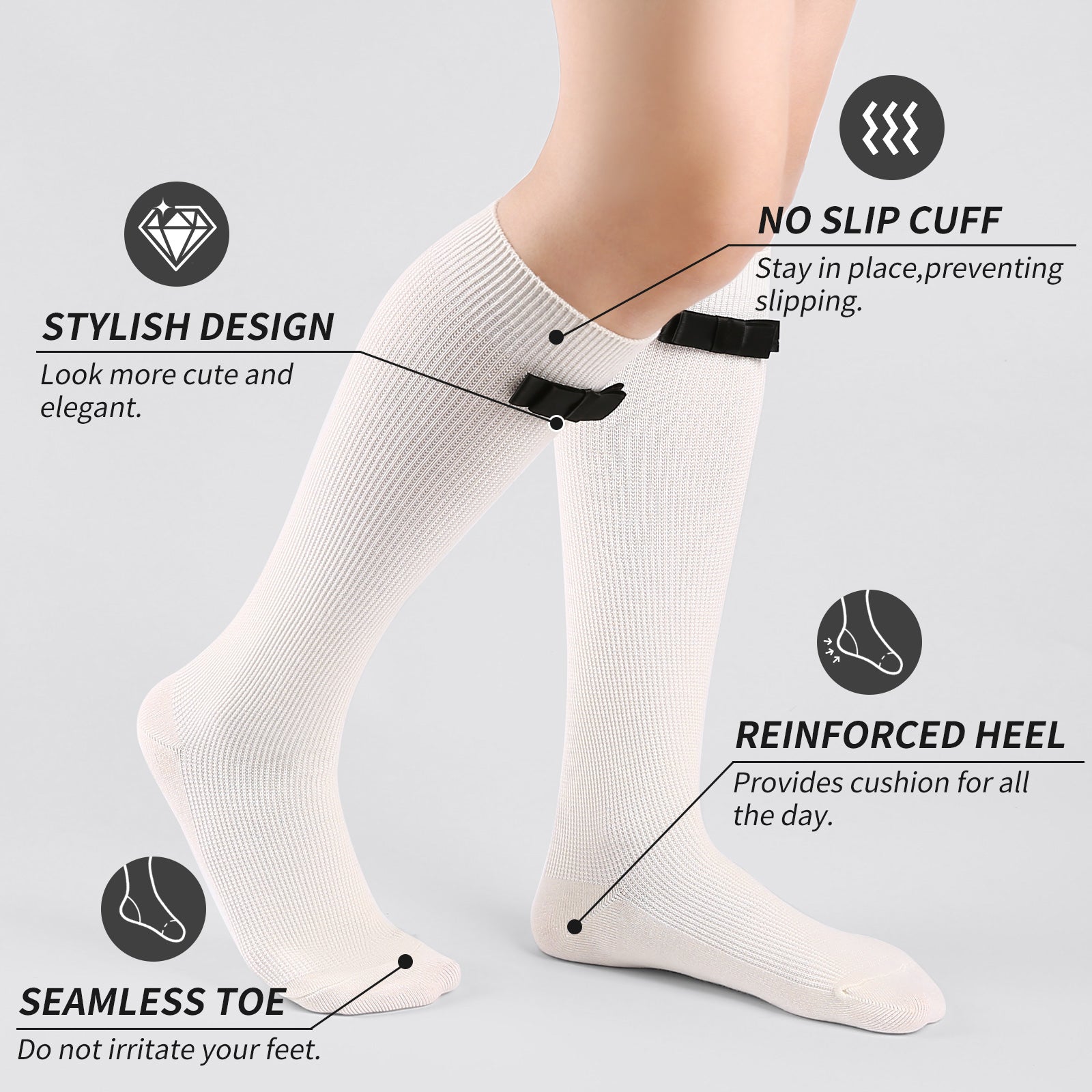 Knee High  3 Pairs  Bow White