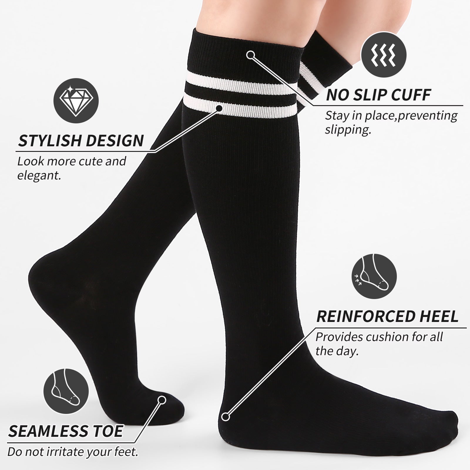 Knee High  3 Pairs  Stripe Black