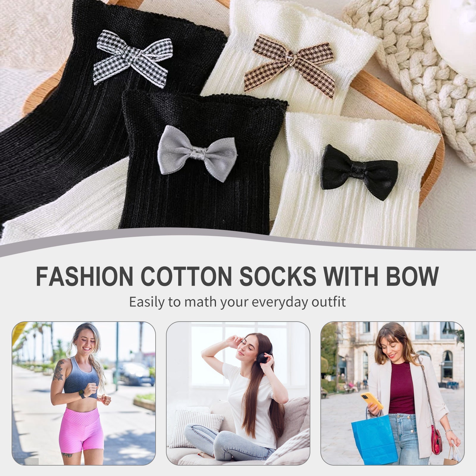 Mini Crew  5 Pairs  Bow Black and White