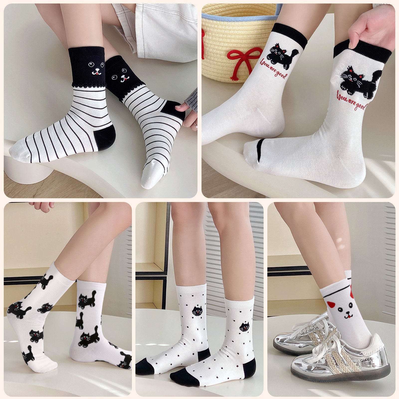 Crew  5 Pairs  Black and White Cat