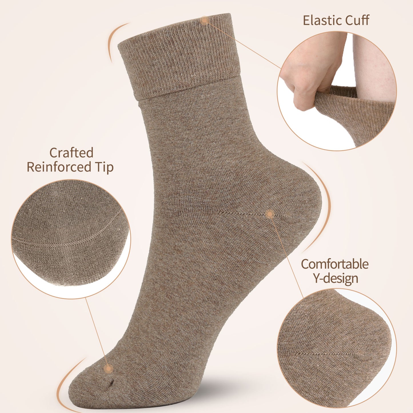 FGZ Women Thin Cotton Socks 5 Pairs，Light Brown(5-9) (9-11)