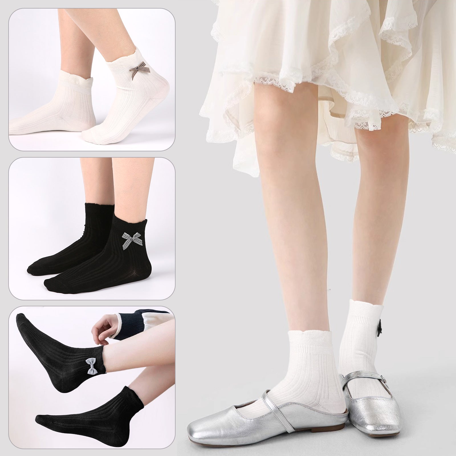 Mini Crew  5 Pairs  Bow Black and White