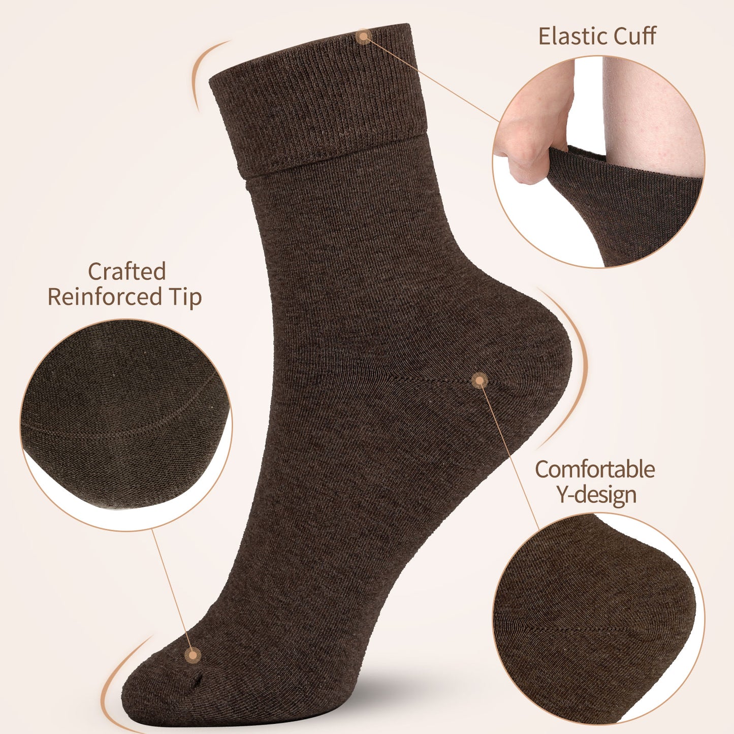 Crew Socks 5 Pairs,Dark Brown